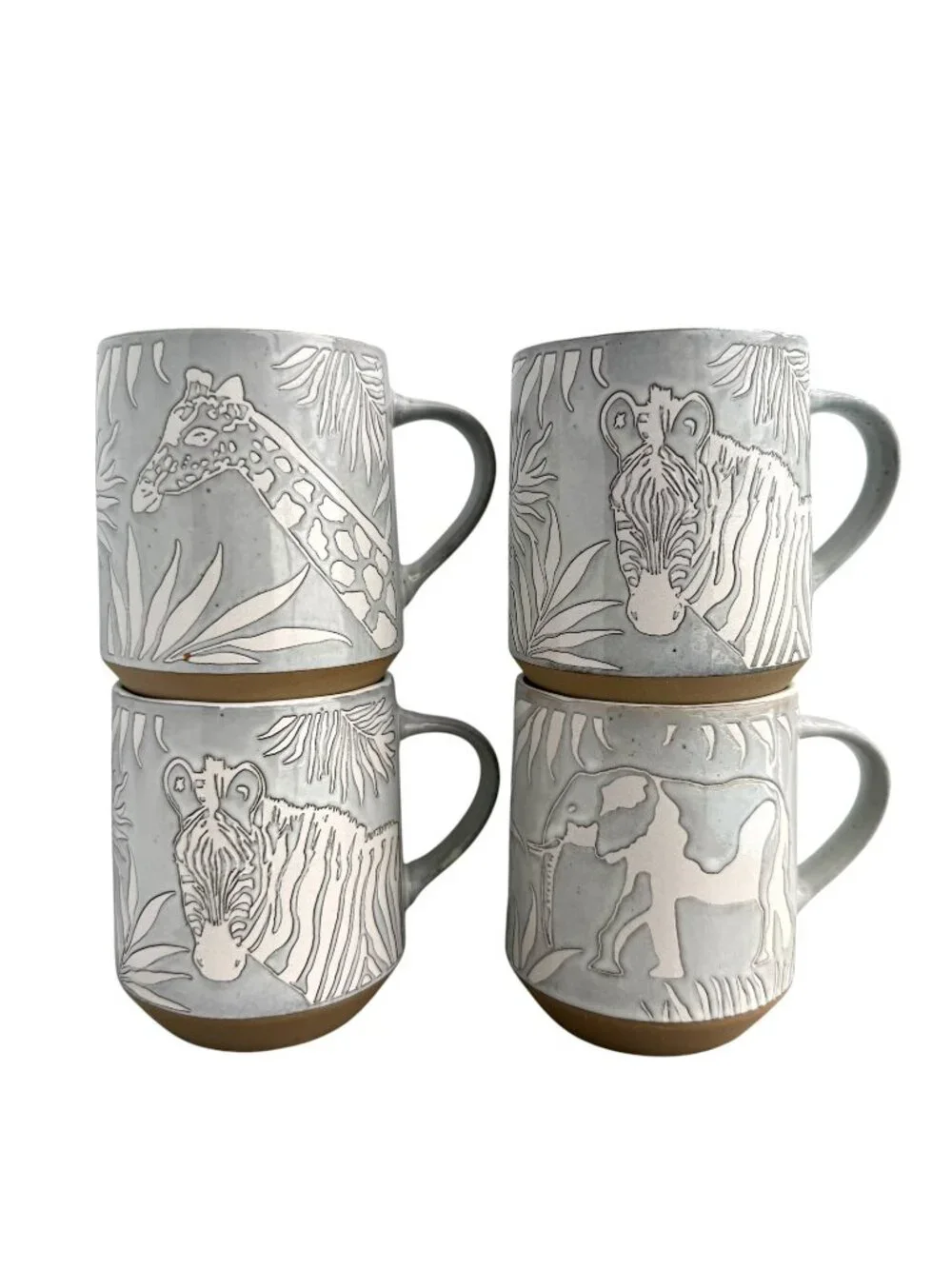 Pier 1 Zebra Giraffe Elephant Stoneware Coffee Mug Jungle Animals 4-pc Set